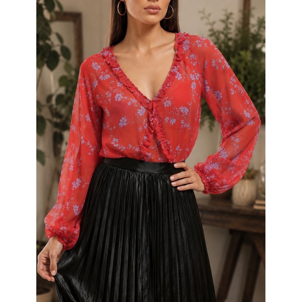 Nicholas Red Silk Floral Ruffle V-Neck Blouse Long Sleeve Sheer Top Small